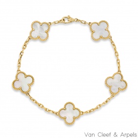 Van Cleef & Arpels Yellow Gold Mother of Pearl Vintage Alhambra 5 Motif Bracelet VCARA41800 Van Cleef & Arpels Yellow Gold Mother of Pearl Vintage Alhambra 5 Motif Bracelet VCARA41800